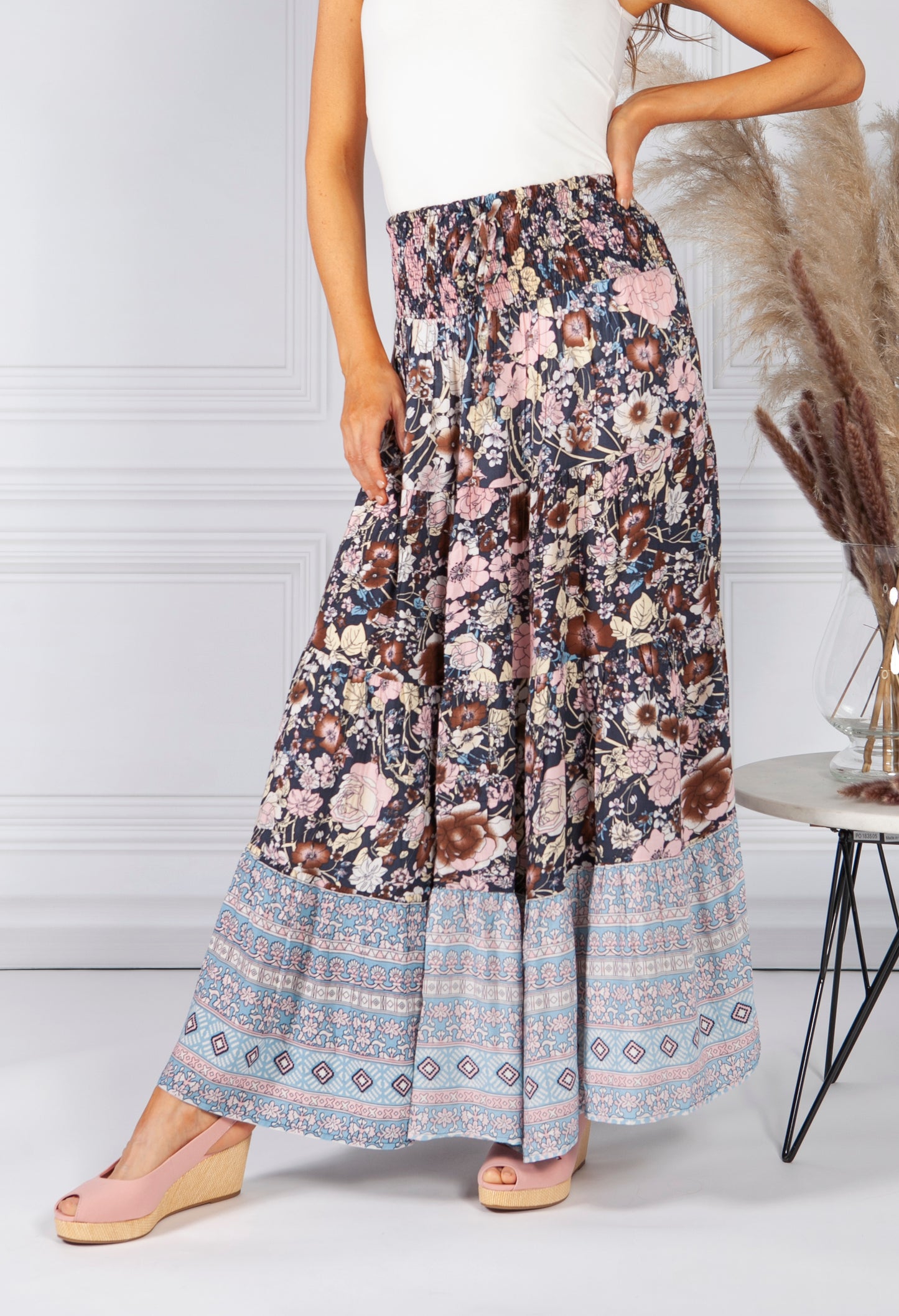 Vintage Tiered Floral Print Skirt