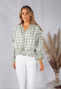 Light Green Tied Hem Gingham Blouse