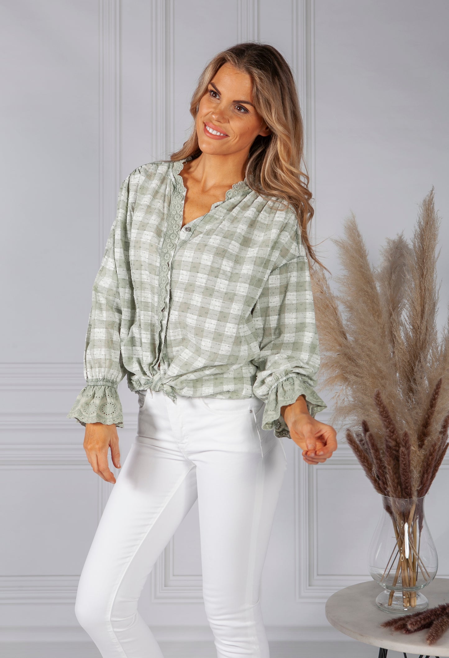 Light Green Tied Hem Gingham Blouse