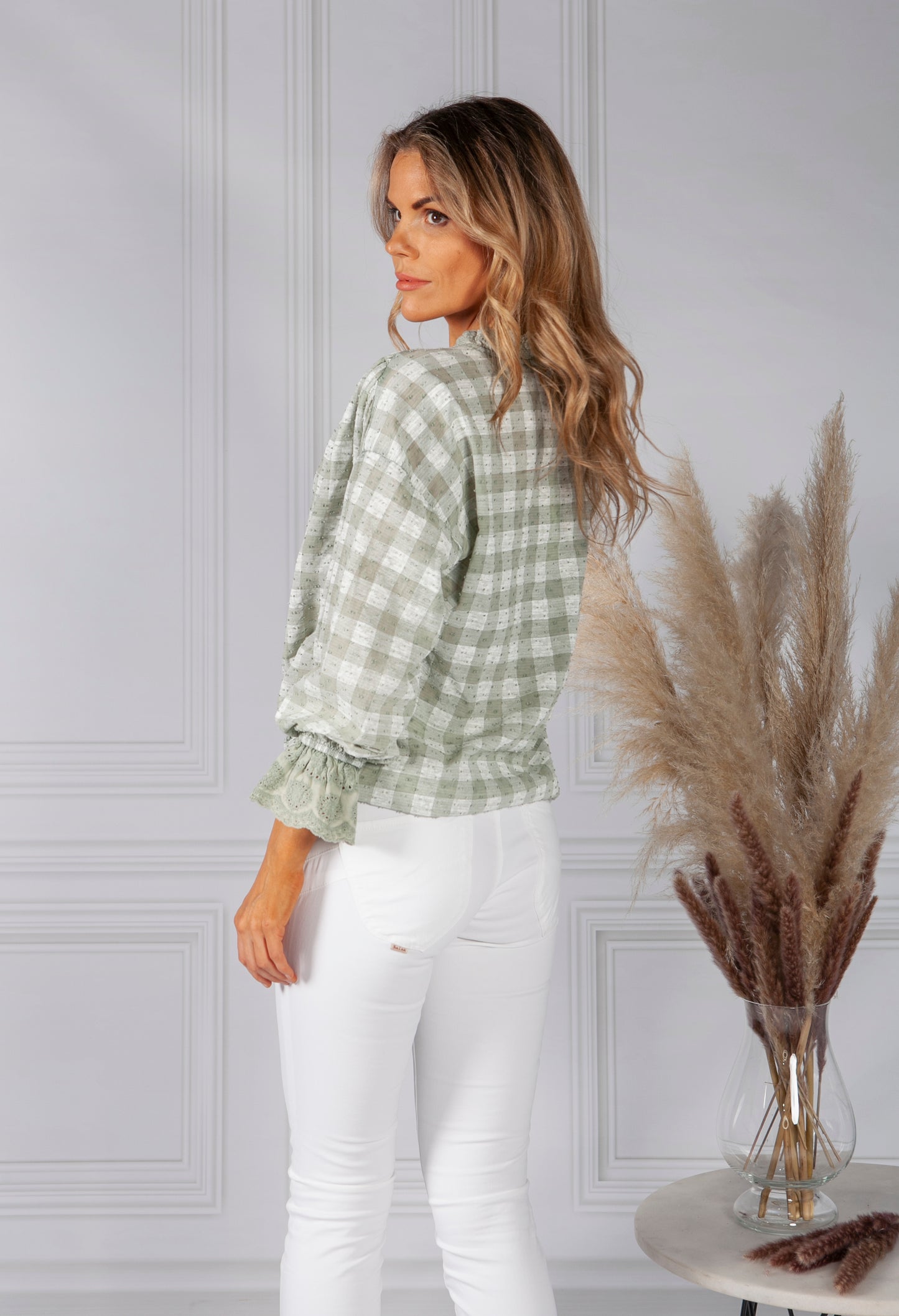 Light Green Tied Hem Gingham Blouse