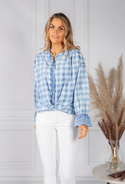 Blue Tied Hem Checked Blouse