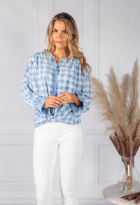 Blue Tied Hem Checked Blouse