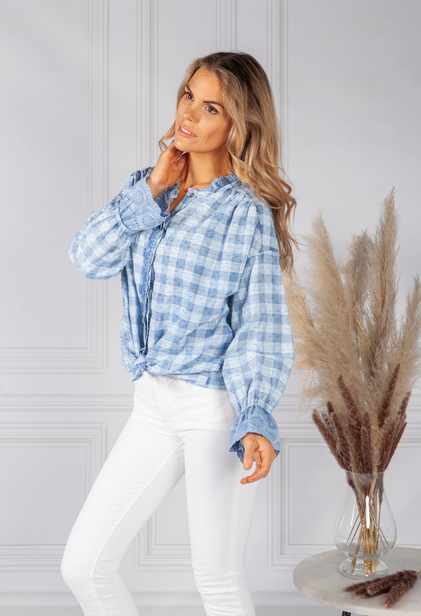 Blue Tied Hem Checked Blouse