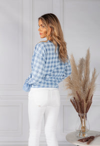 Blue Tied Hem Checked Blouse