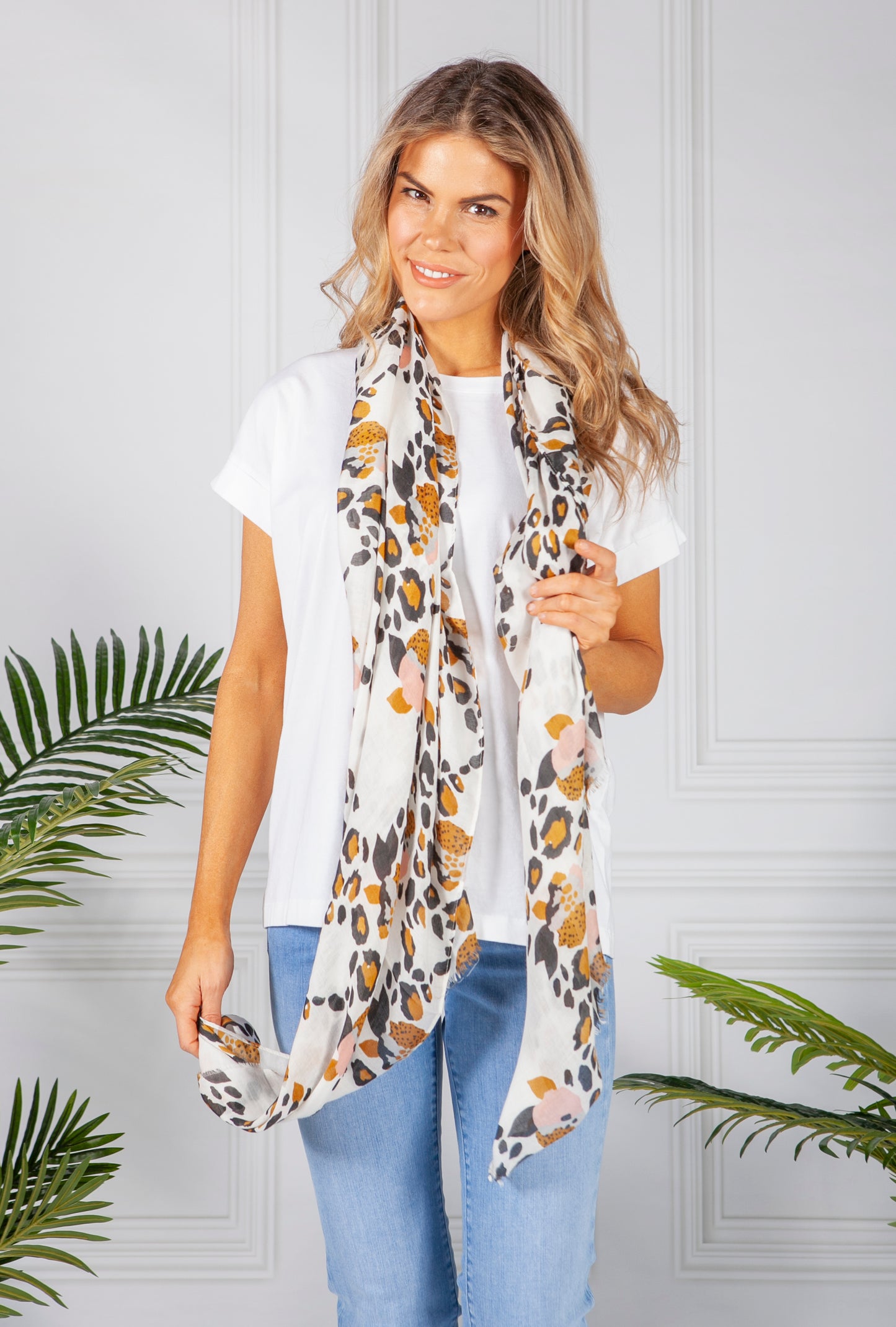 Camel and White Leopard Print Scarf