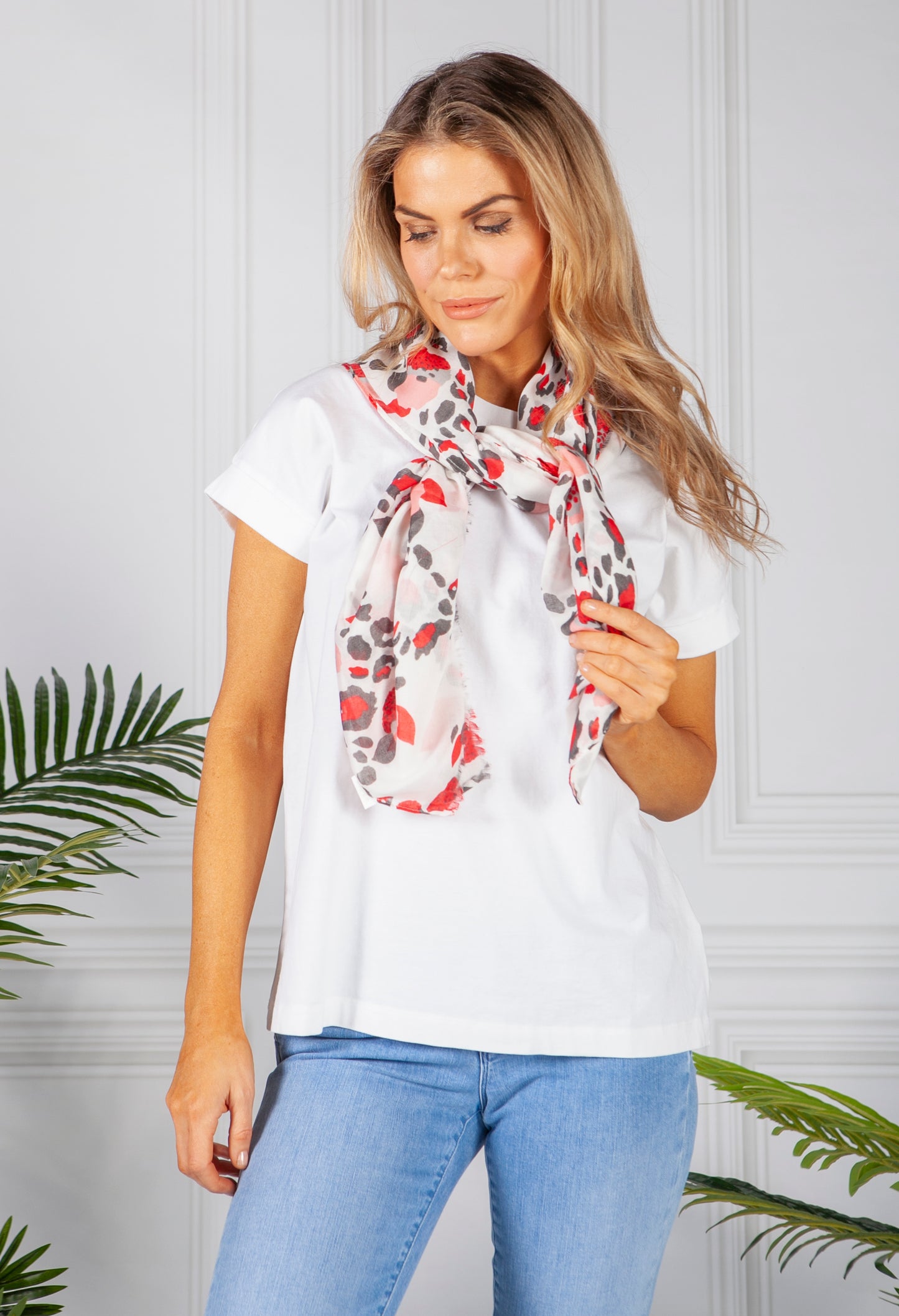 Red and White Leopard Print Scarf