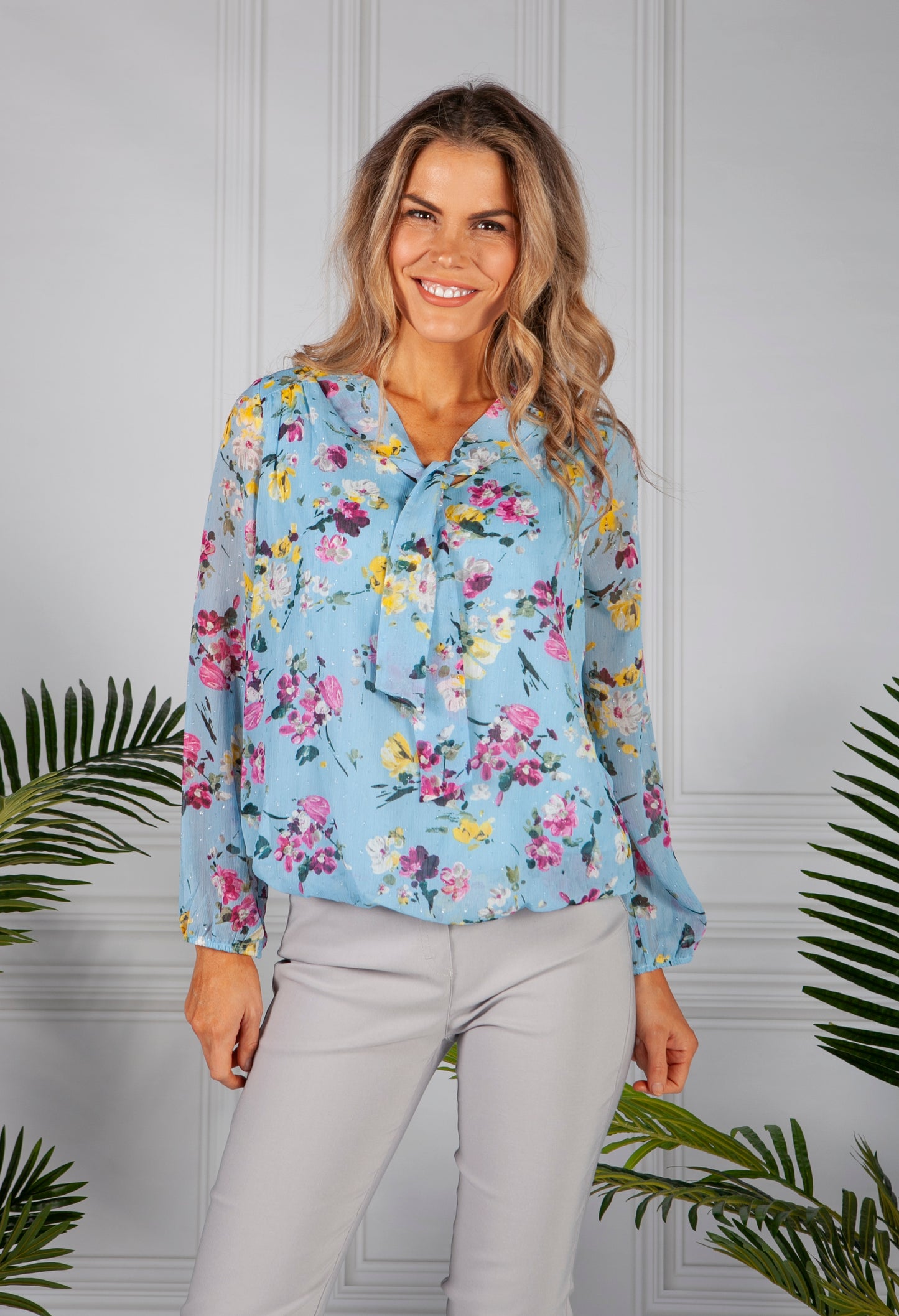 Textured Floral Print Blouse in Sky Blue