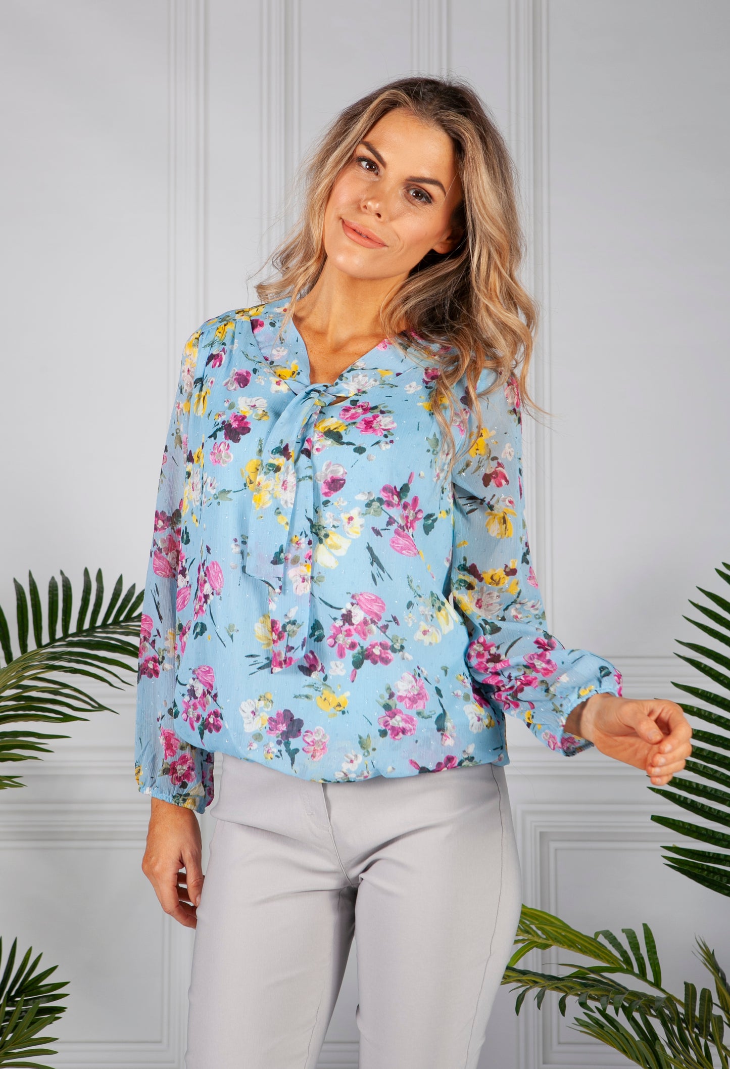 Textured Floral Print Blouse in Sky Blue