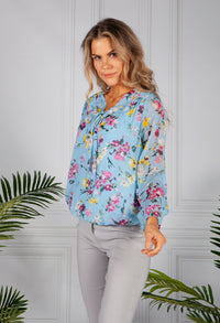 Textured Floral Print Blouse in Sky Blue