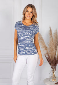 Denim Blue Cursive Print Top