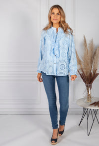 Ruffle Broderi Anglaise Blouse in Sky Blue