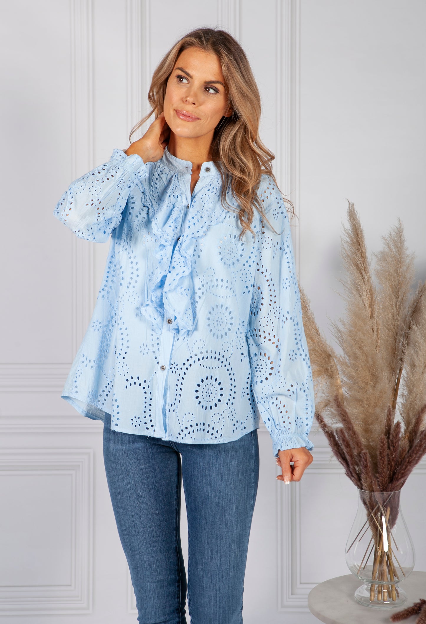 Ruffle Broderi Anglaise Blouse in Sky Blue