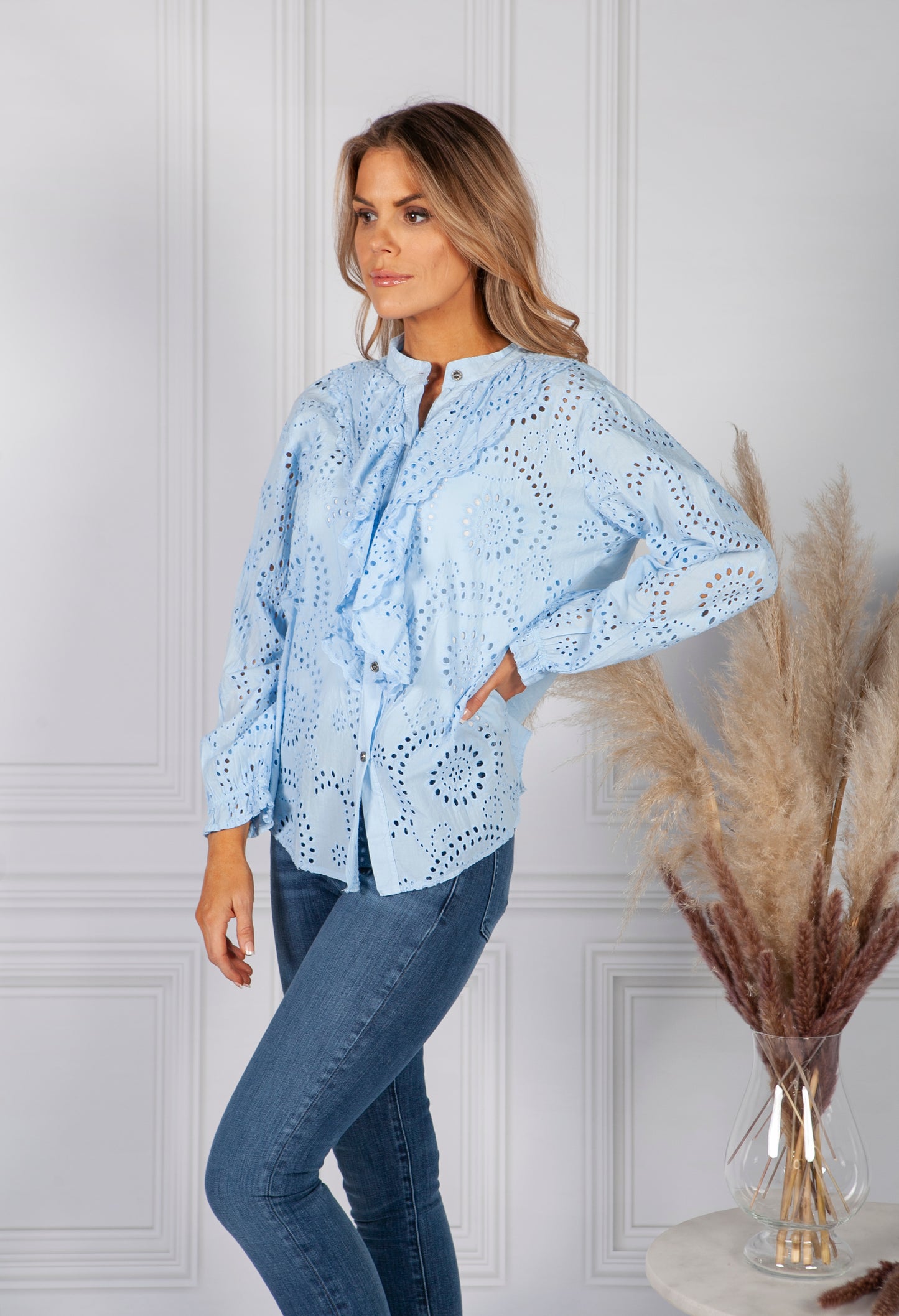 Ruffle Broderi Anglaise Blouse in Sky Blue