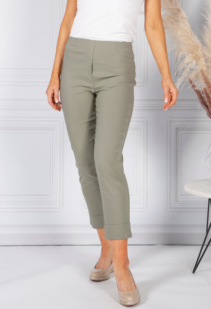 KHAKI GREEN MAGIC SHAPE CROPPED TURN UP TROUSERS