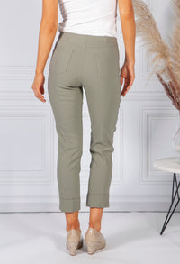 KHAKI GREEN MAGIC SHAPE CROPPED TURN UP TROUSERS