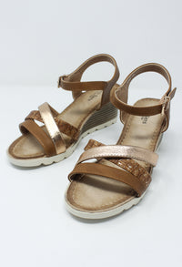 Tan Mid Wedge Cross Over Strap Sandal