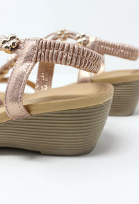 Rose Gold Mid Wedge T Strap Sandal