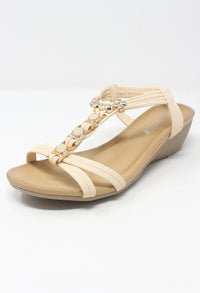 Beige Mid Wedge T Strap Sandal