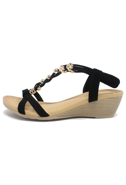 Black Mid Wedge T Strap Sandal