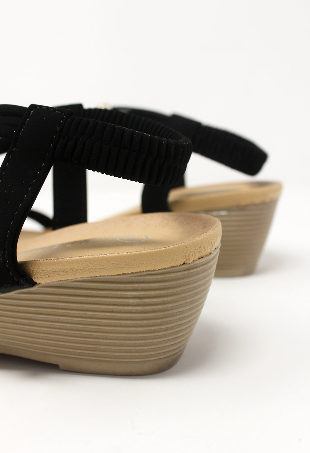 Black Mid Wedge T Strap Sandal