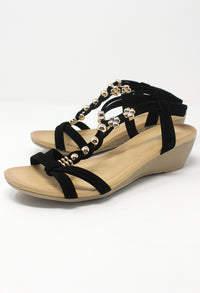 Black Mid Wedge T Strap Sandal