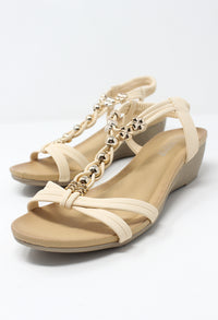 Beige Mid Wedge T Strap Sandal-1