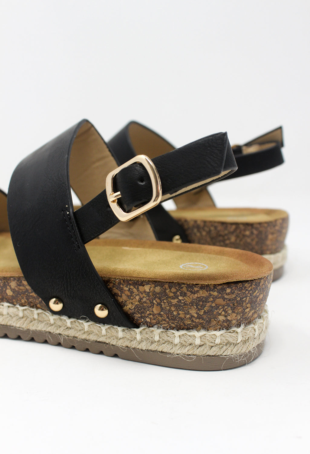 Black Cork Look Wedge Sandal