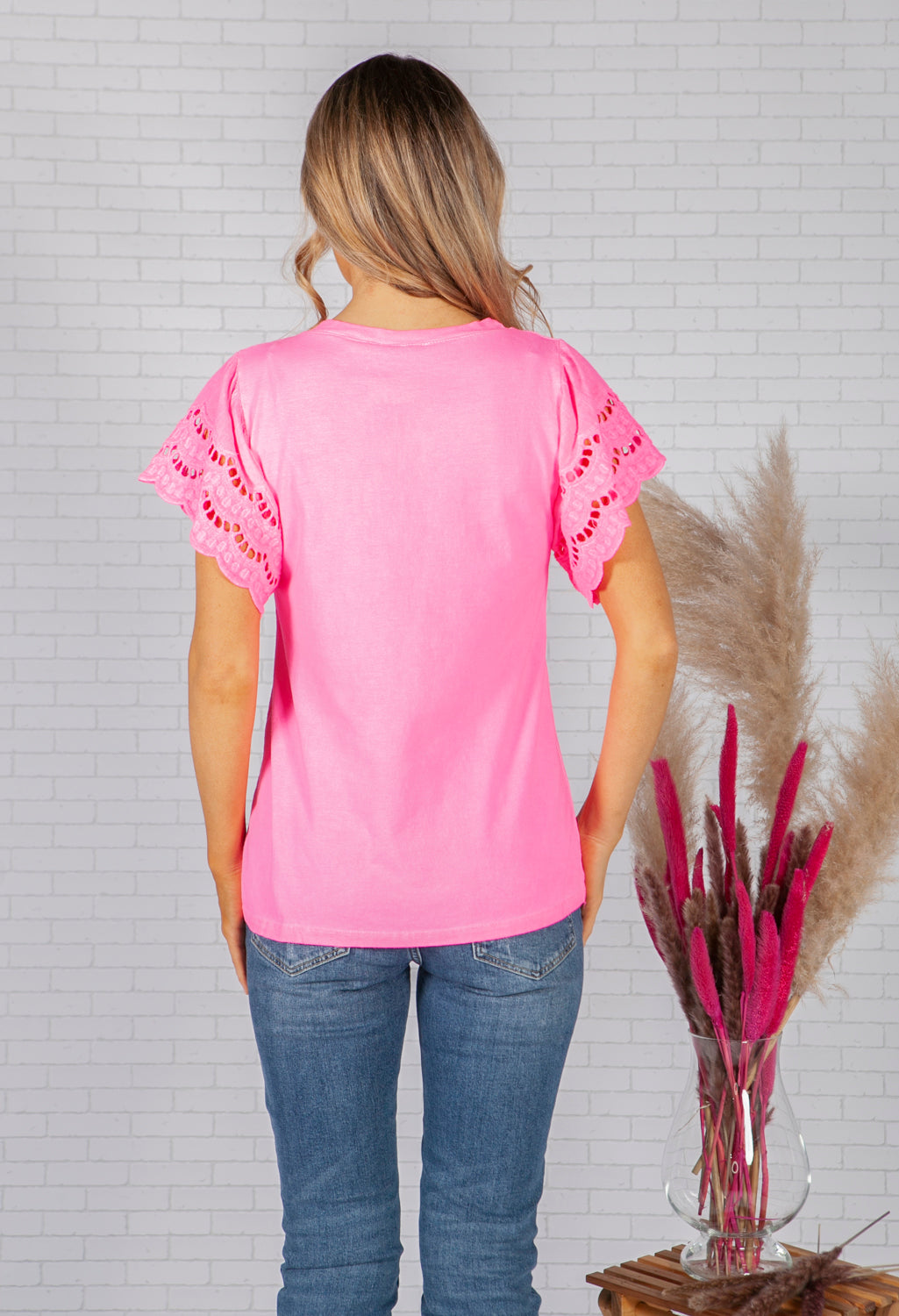 Bright Pink T-Shirt with Lace Sleeve