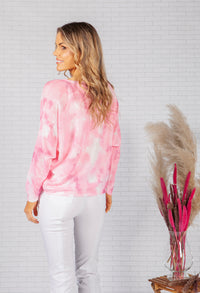 LIGHTWEIGHT CROPPED TIE DYE KNIT PULLOVER IN CLOUDED PINK