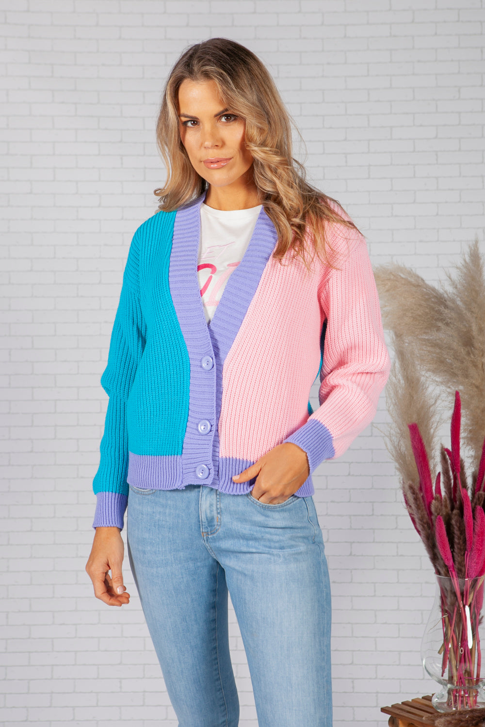 Pink and Blue Colour Block Varsity Cardigan