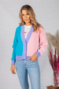 Pink and Blue Colour Block Varsity Cardigan