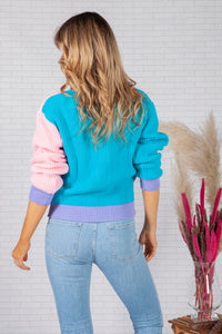 Pink and Blue Colour Block Varsity Cardigan