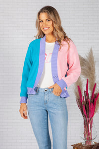 Pink and Blue Colour Block Varsity Cardigan