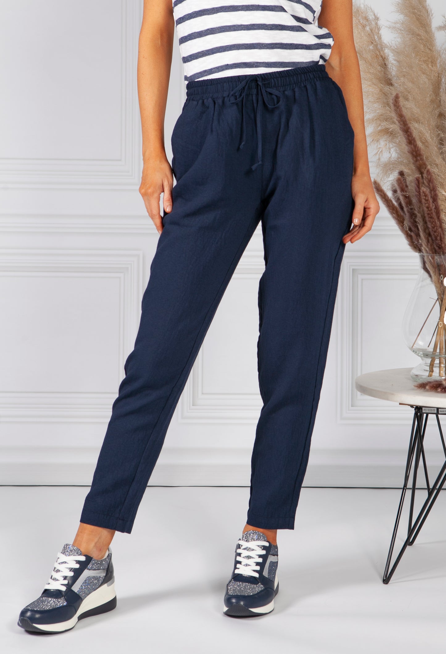 Navy Linen Look Trousers