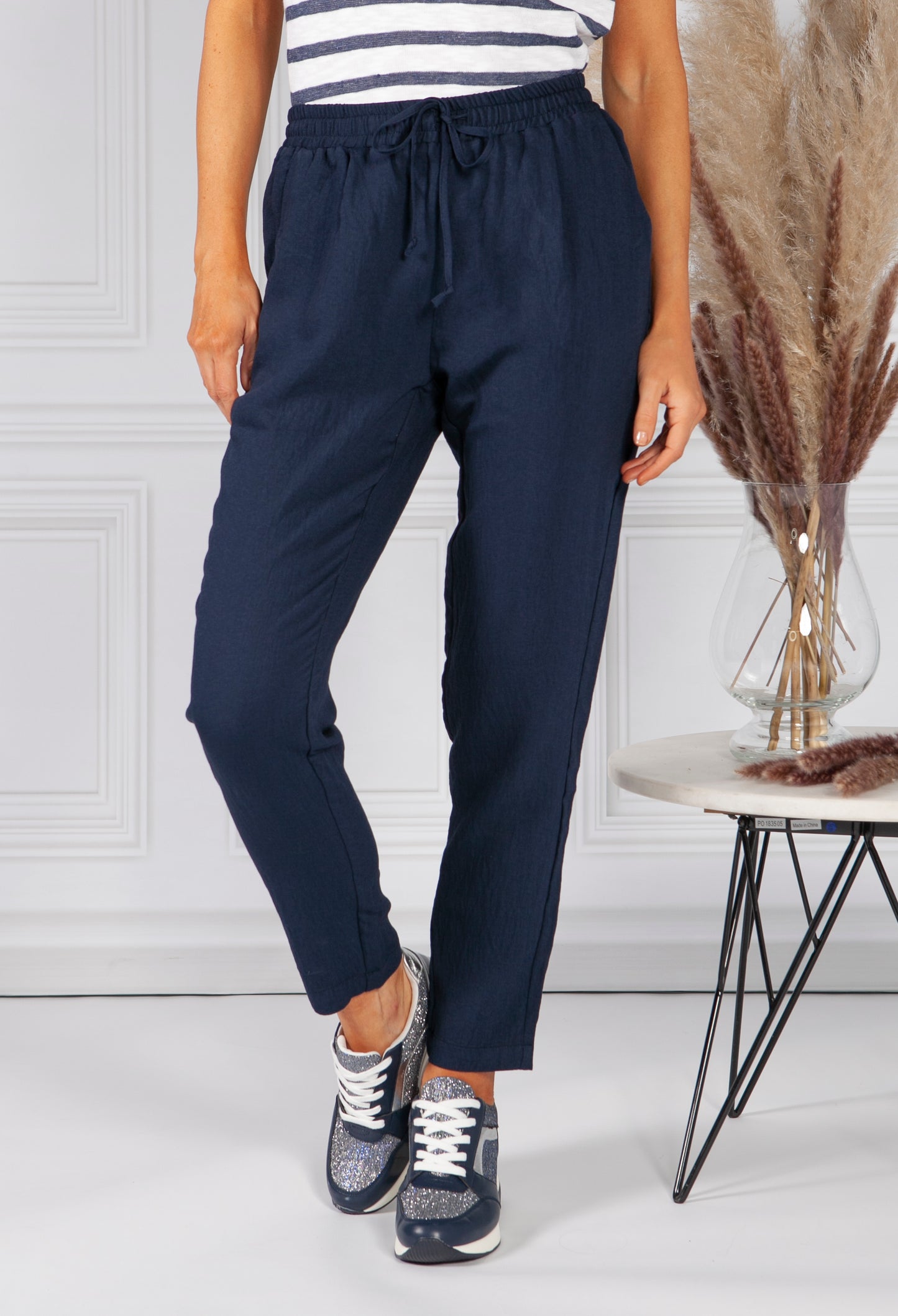 Navy Linen Look Trousers