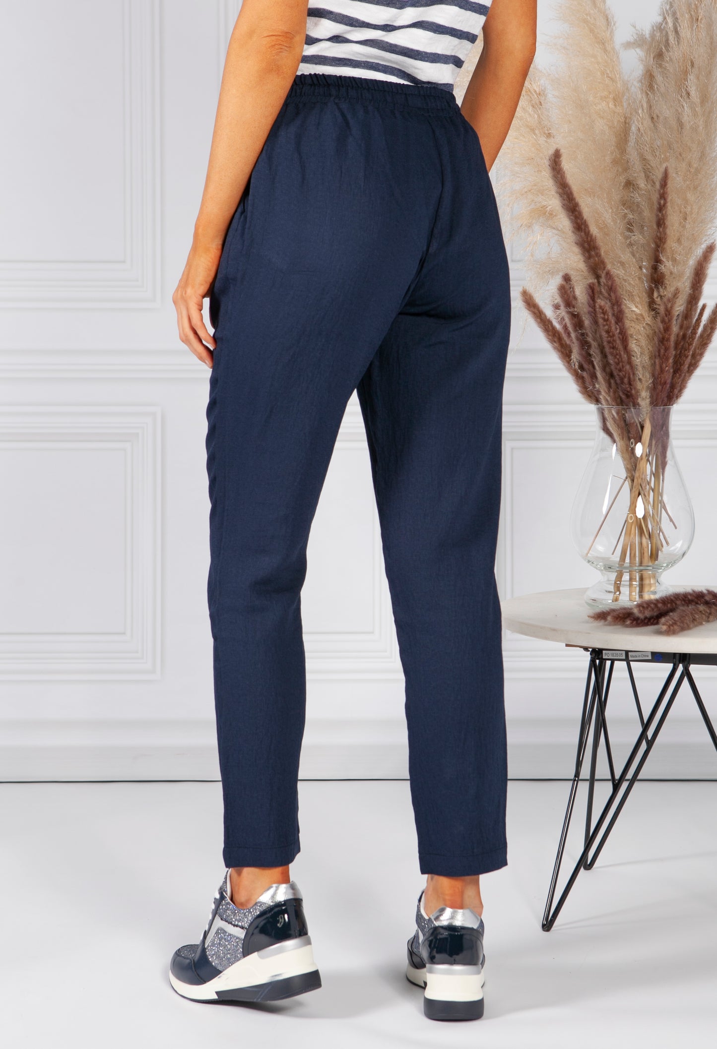 Navy Linen Look Trousers