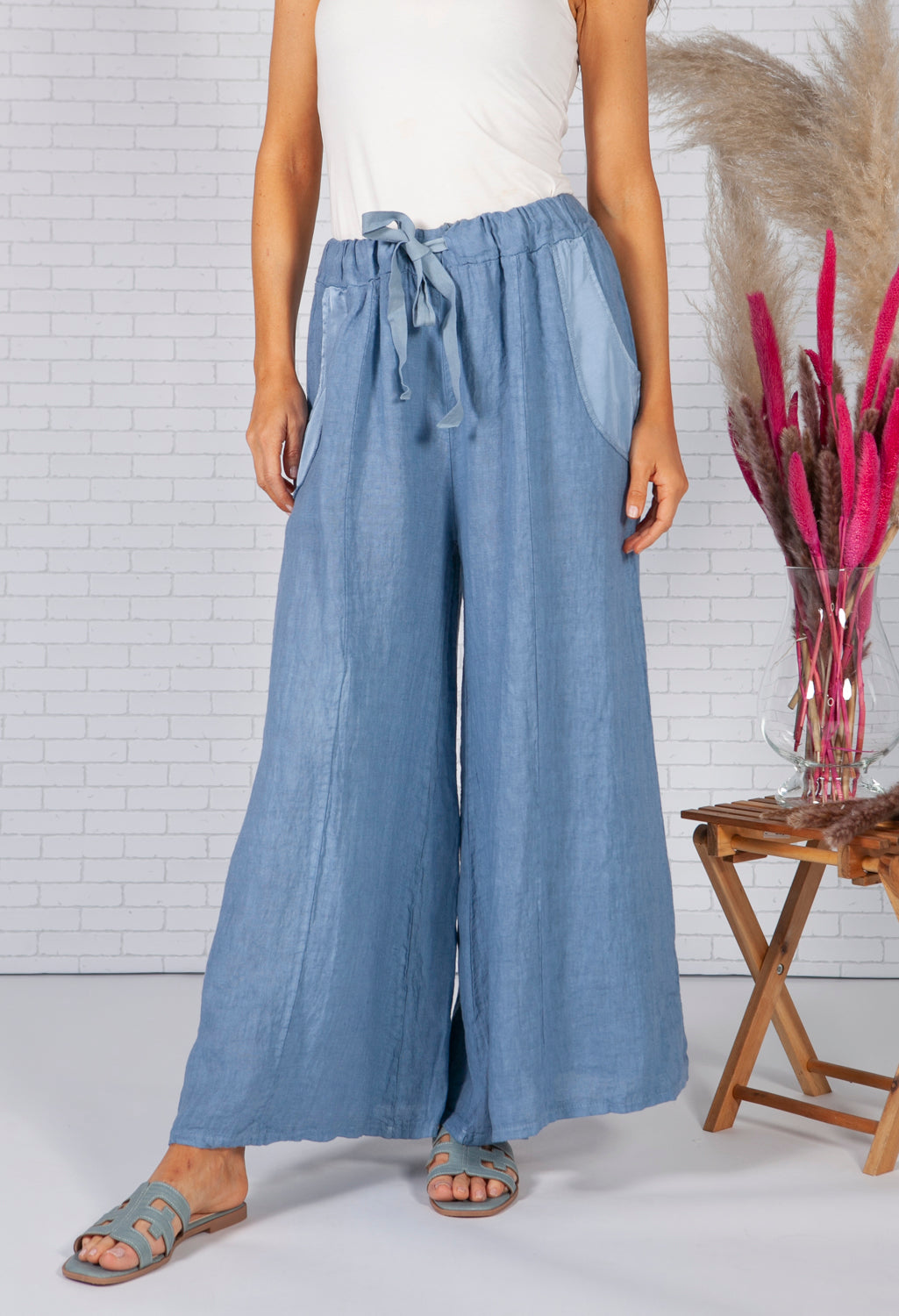 Sun Faded Blue Linen Trousers