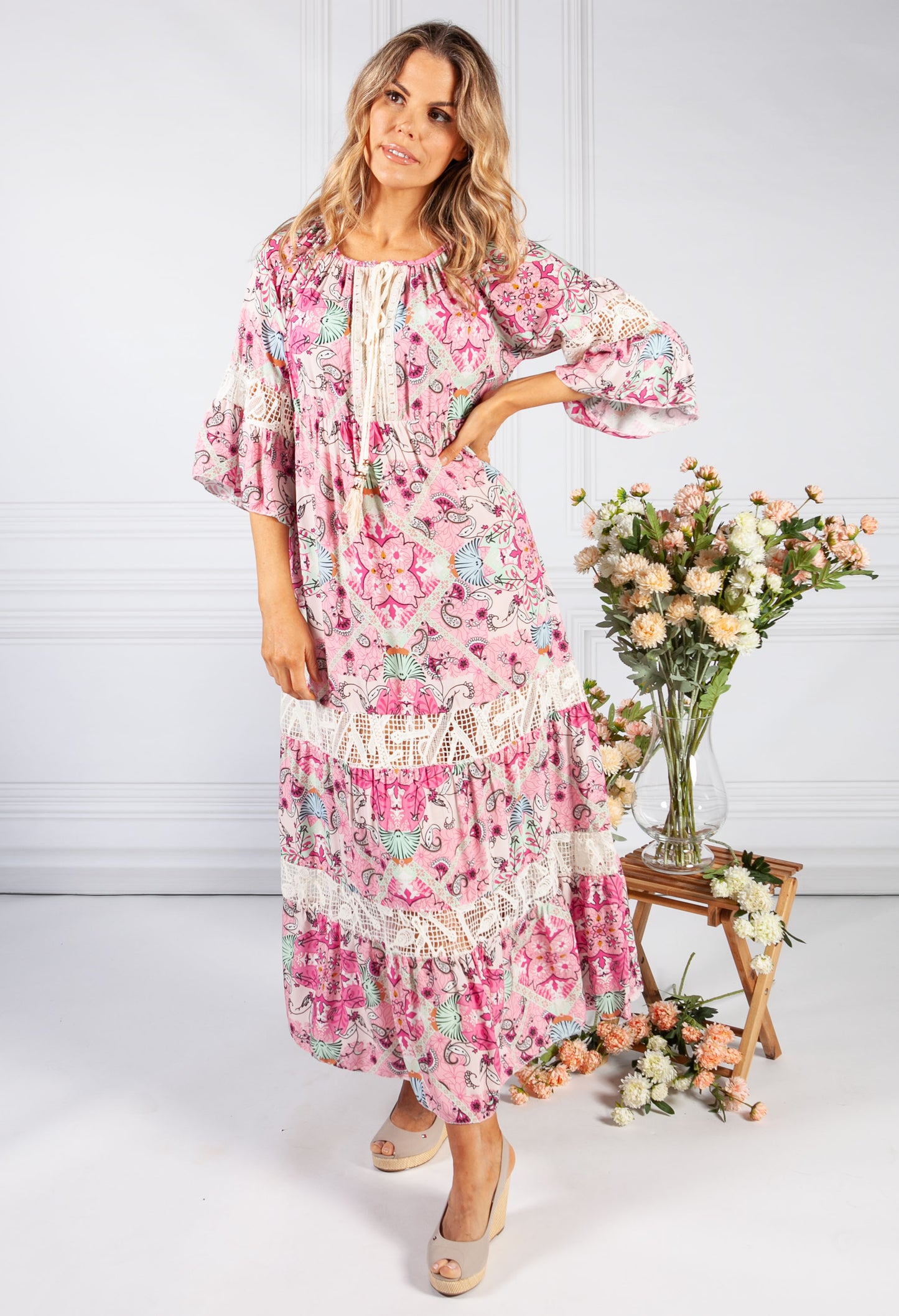 Pink Vintage Print Boho Dress