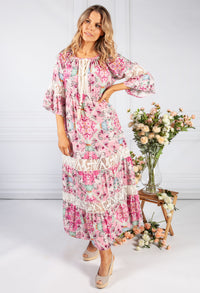 Pink Vintage Print Boho Dress