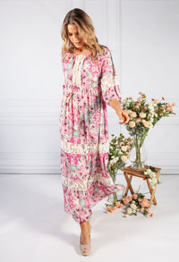 Pink Vintage Print Boho Dress