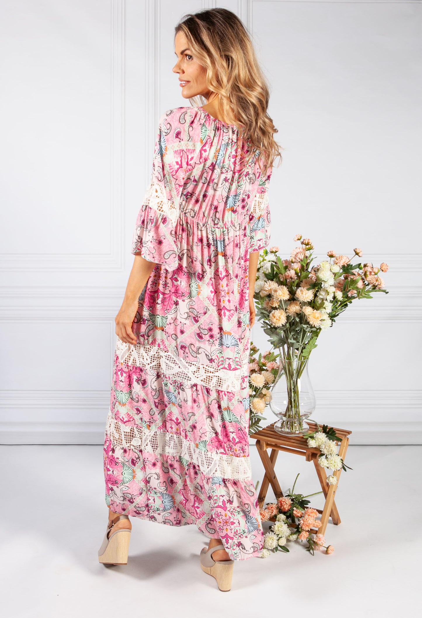 Pink Vintage Print Boho Dress