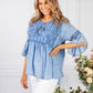 Denim Blue Linen Look Blouse with Embroidered Detailing