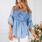 Denim Blue Linen Look Blouse with Embroidered Detailing