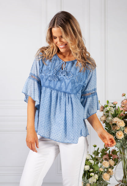 Denim Blue Linen Look Blouse with Embroidered Detailing