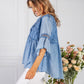 Denim Blue Linen Look Blouse with Embroidered Detailing