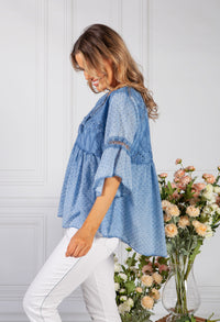 Denim Blue Linen Look Blouse with Embroidered Detailing