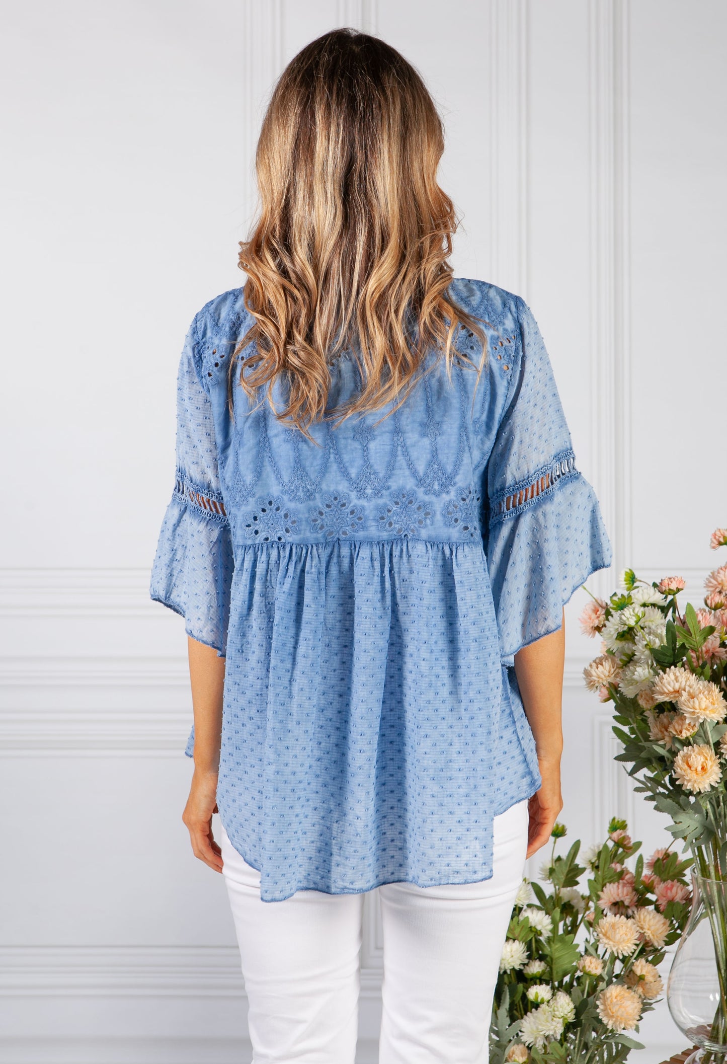 Denim Blue Linen Look Blouse with Embroidered Detailing