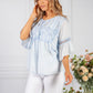 Light Blue Linen Look Blouse with Embroidered Detailing