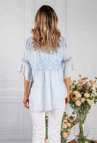 Light Blue Linen Look Blouse with Embroidered Detailing