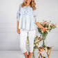 Light Blue Linen Look Blouse with Embroidered Detailing